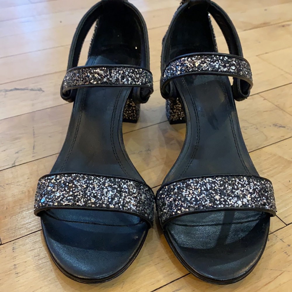 Sandro Glitter Leather Low Block Heel Sz 39 - Picture 4 of 16